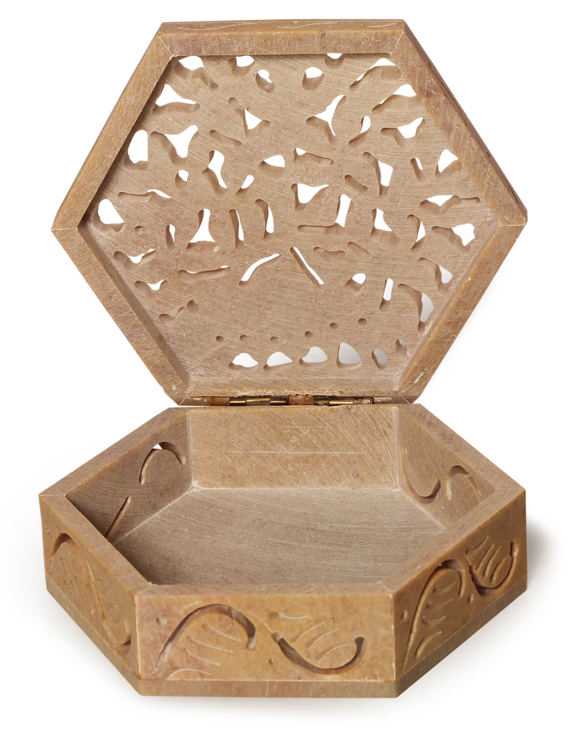 ArtistryBazaar Marble Soapstone Hexa Box Beige Floral Design  Stone Jewellery Box For Home Decor Gift